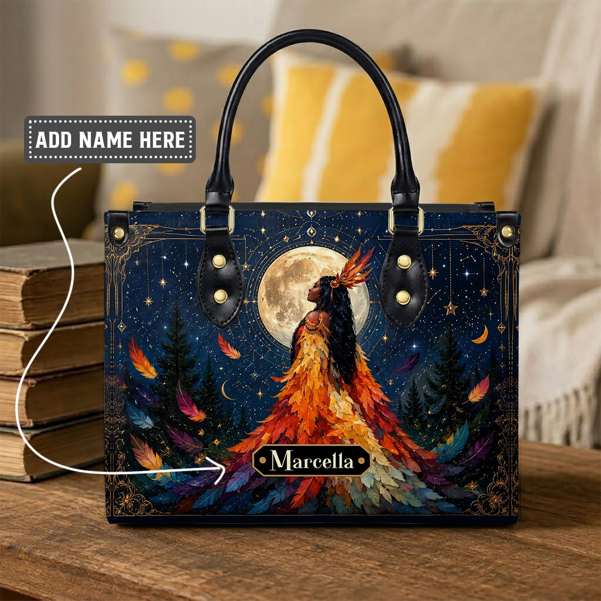 Moonlit Feather Grace Personalized Leather Bag
