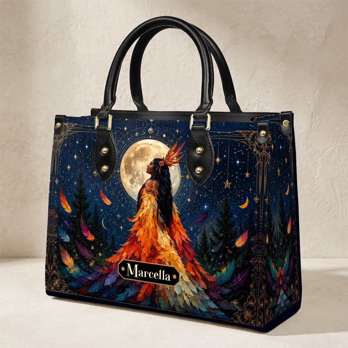 Moonlit Feather Grace Personalized Leather Bag