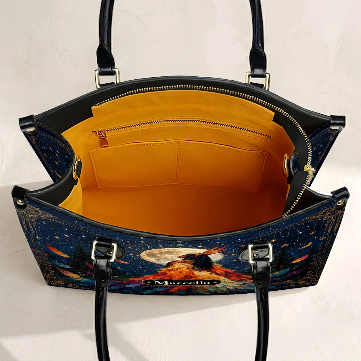 Moonlit Feather Grace Personalized Leather Bag