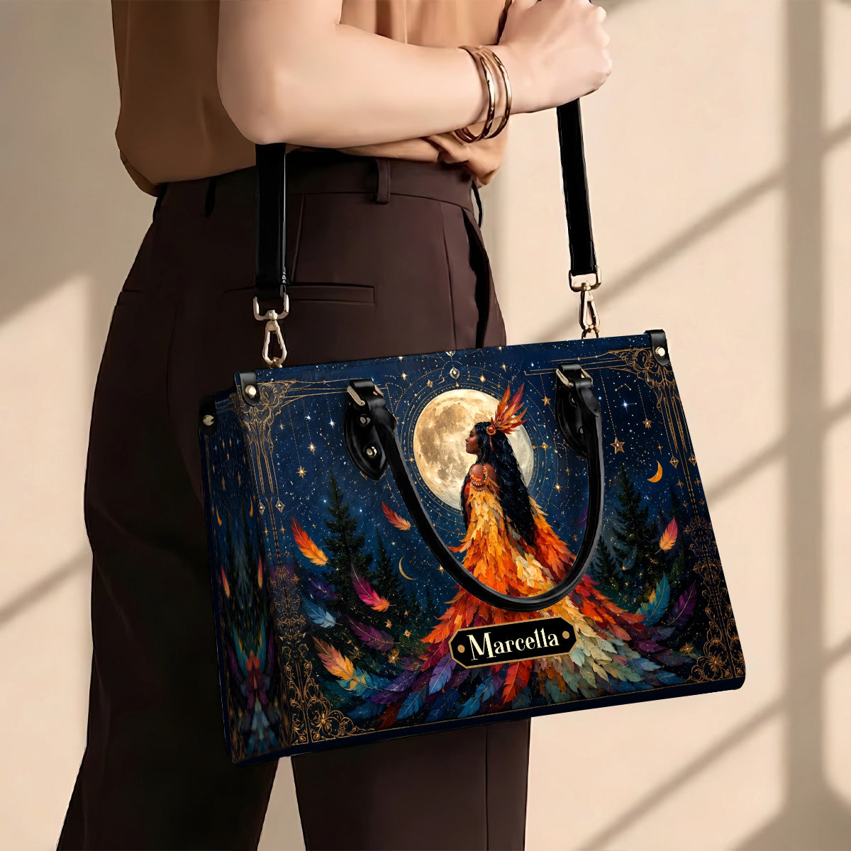 Moonlit Feather Grace Personalized Leather Bag