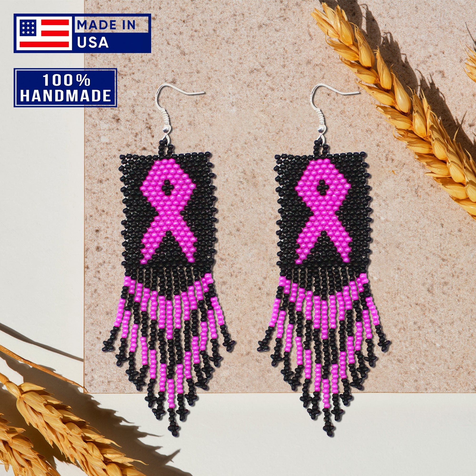 SALE 50% OFF - Black Pink Breast Cancer Awareness Beaded Handmade Earrings For Women