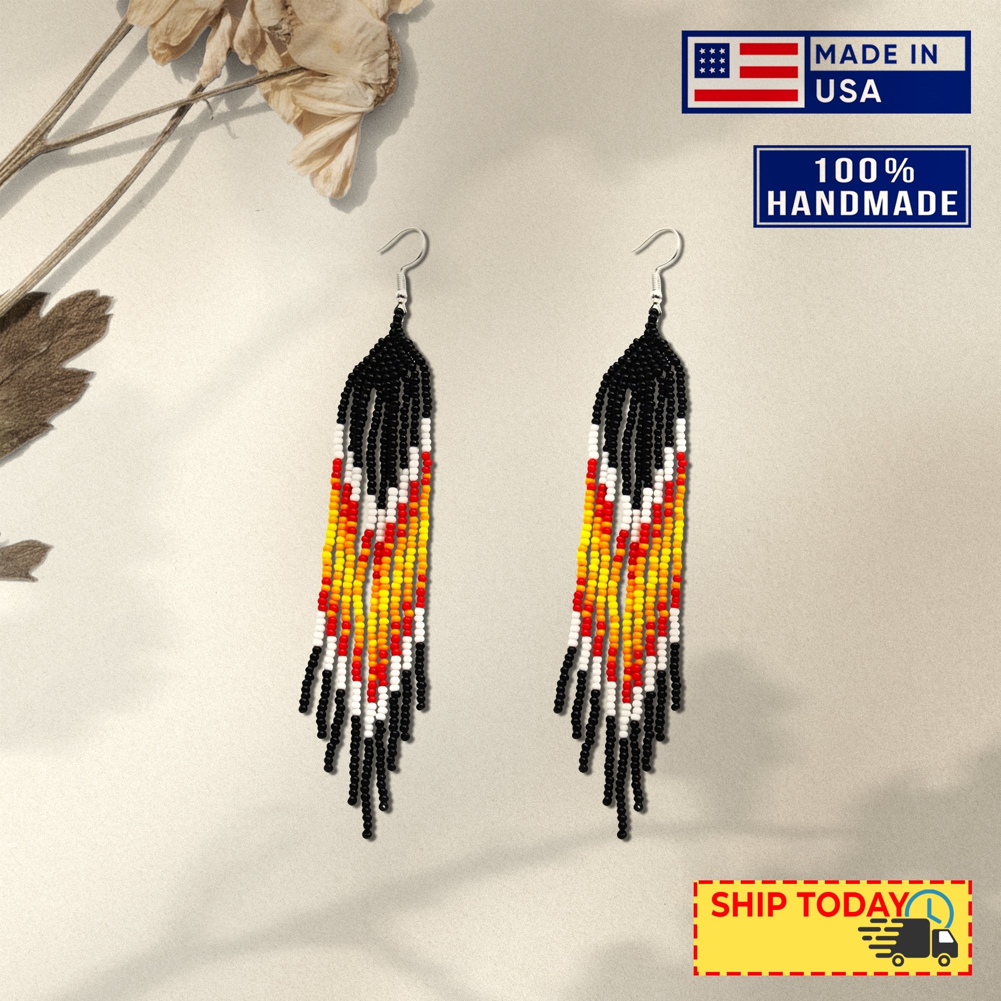 SALE 50% OFF - Black Orange Yellow Beaded Handmade Earrings For Women