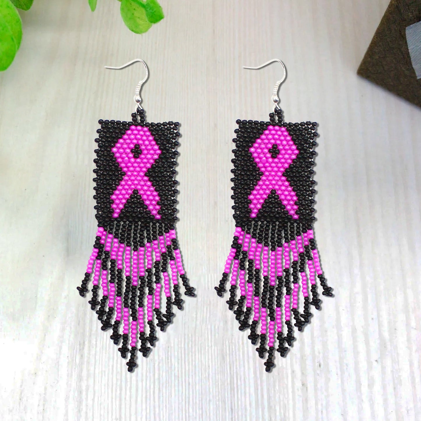 SALE 50% OFF - Black Pink Breast Cancer Awareness Beaded Handmade Earrings For Women