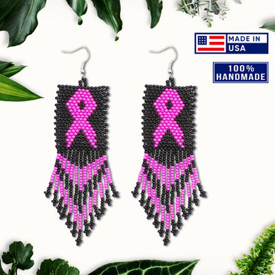 SALE 50% OFF - Black Pink Breast Cancer Awareness Beaded Handmade Earrings For Women