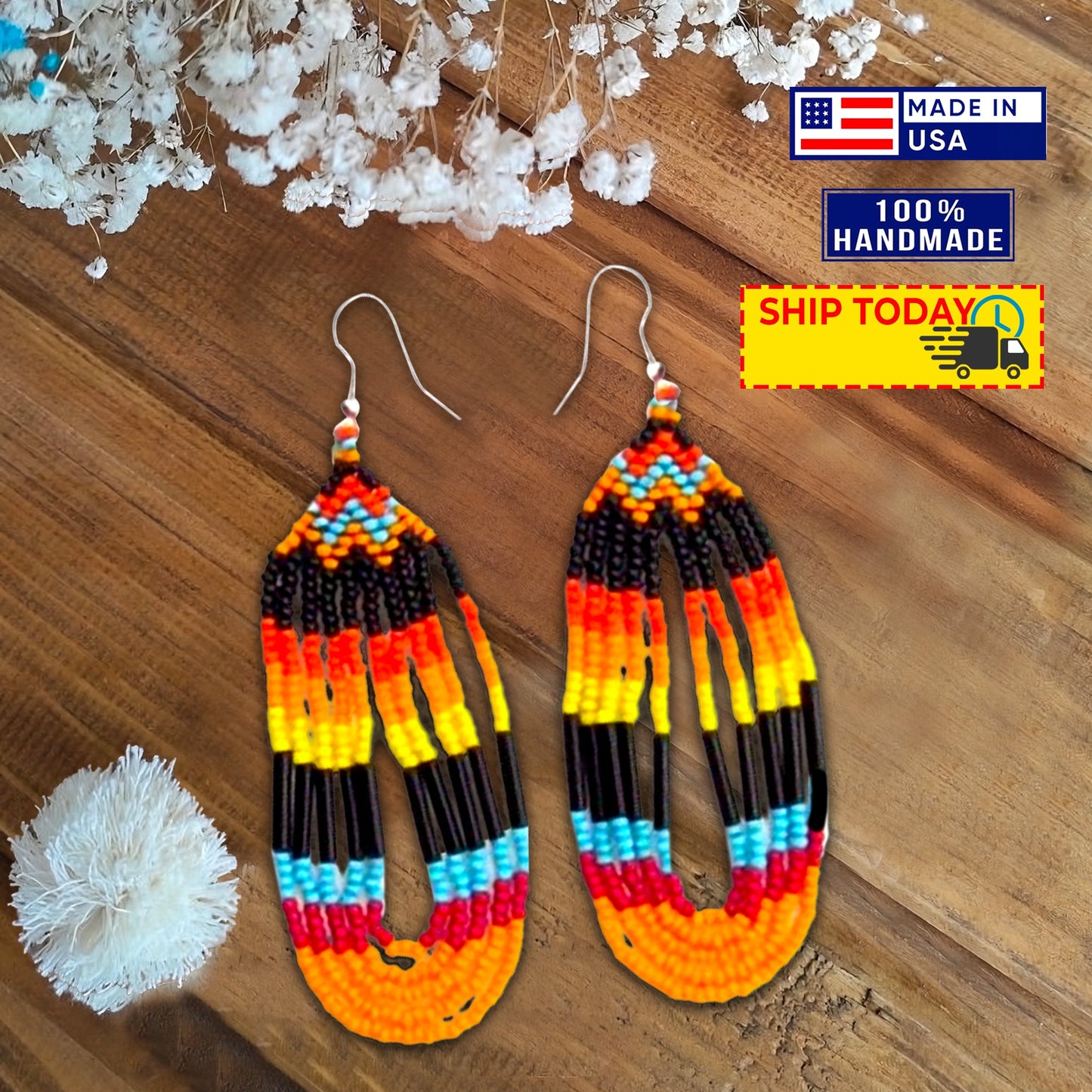 SALE 50 %OFF - Black Fire Seed Beaded Necklace Earrings Feather Beadwork