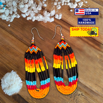 SALE 50 %OFF - Black Fire Seed Beaded Necklace Earrings Feather Beadwork