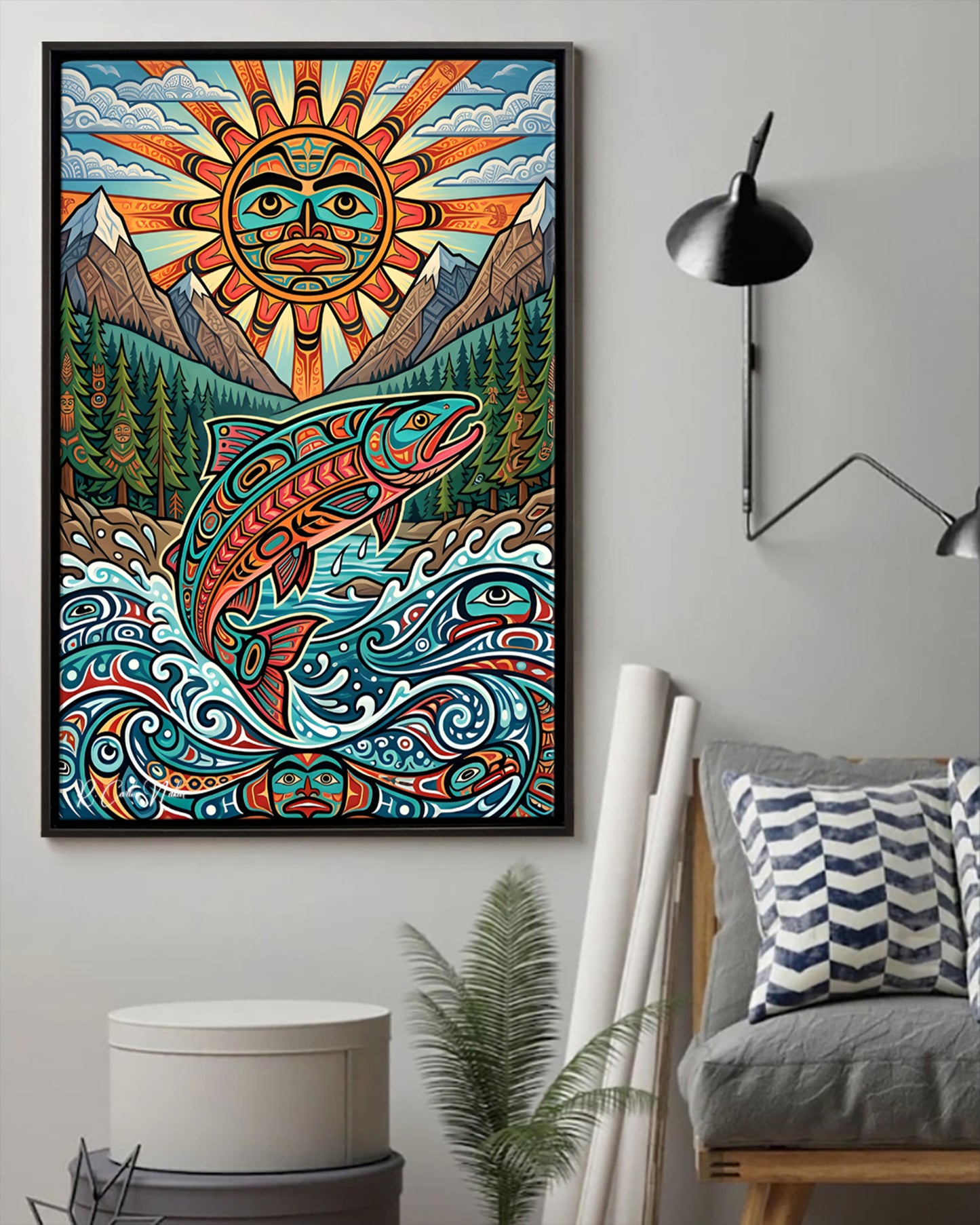 Native Salmon Art Poster - Canvas