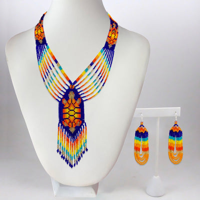 SALE 50 %OFF - Turtle Beadwork Blue Orange Beaded Lariat Necklace Earrings Set