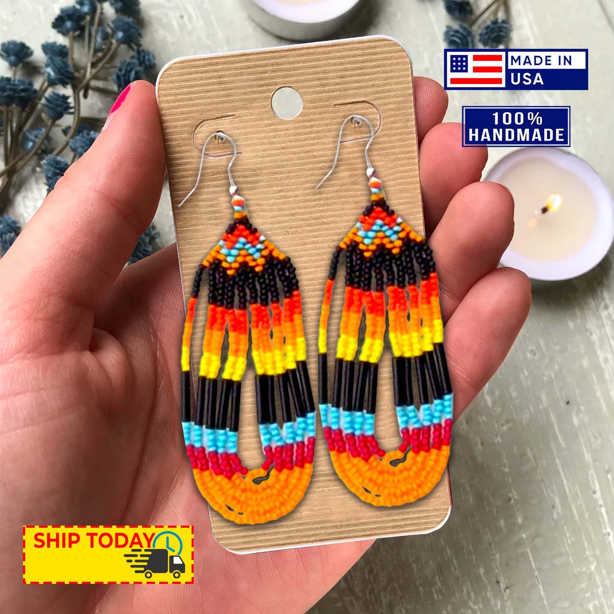 SALE 50 %OFF - Black Fire Seed Beaded Necklace Earrings Feather Beadwork