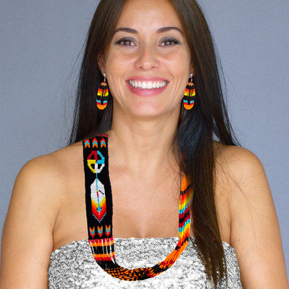 SALE 50 %OFF - Black Fire Seed Beaded Necklace Earrings Feather Beadwork