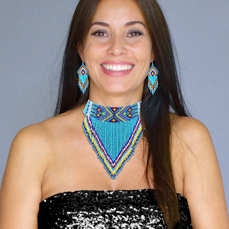 SALE 50 %OFF - Turquoise Blue Beaded Choker Necklace Earrings Set