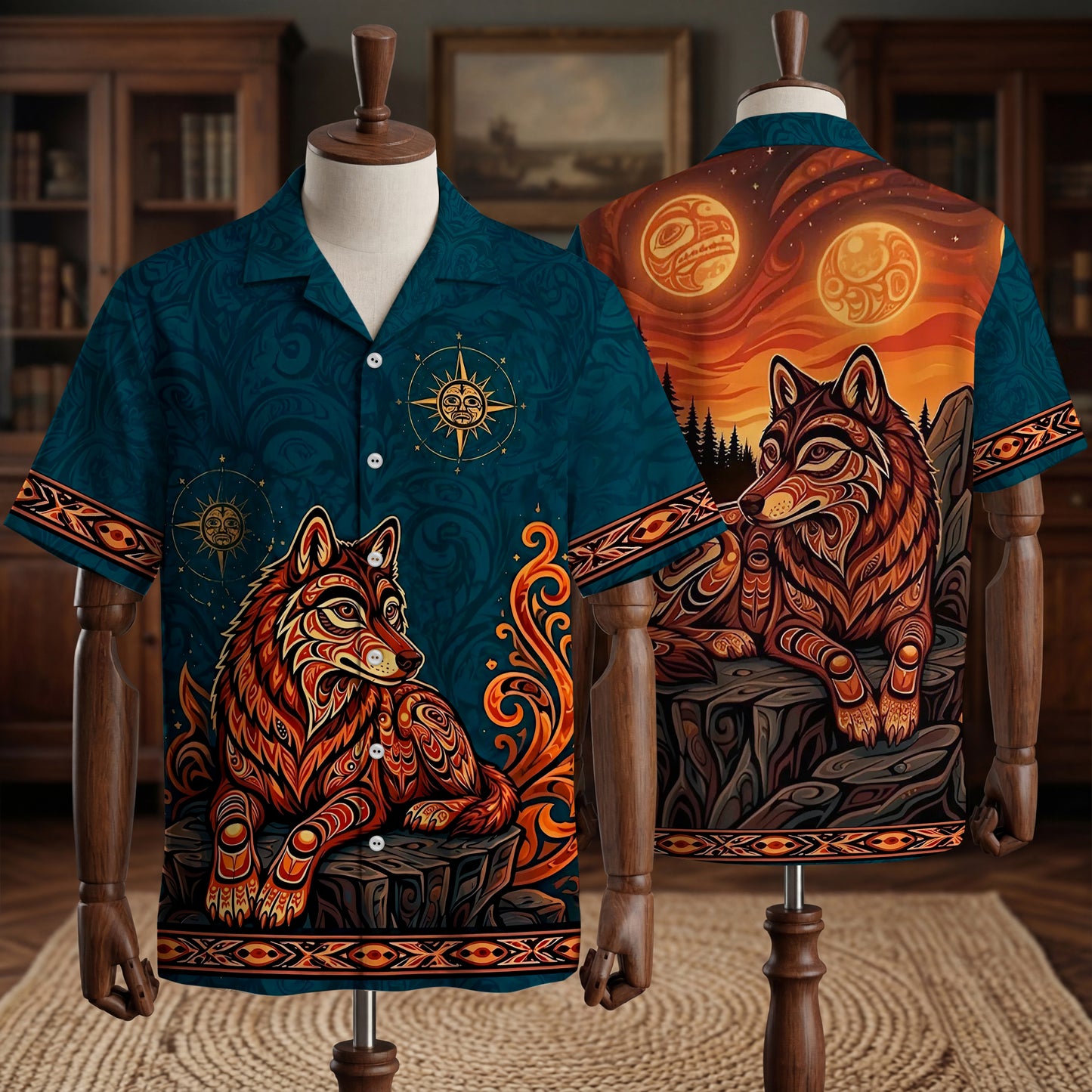Native Wolf Haida Pattern Hawaiian Shirt for Adults & Kids