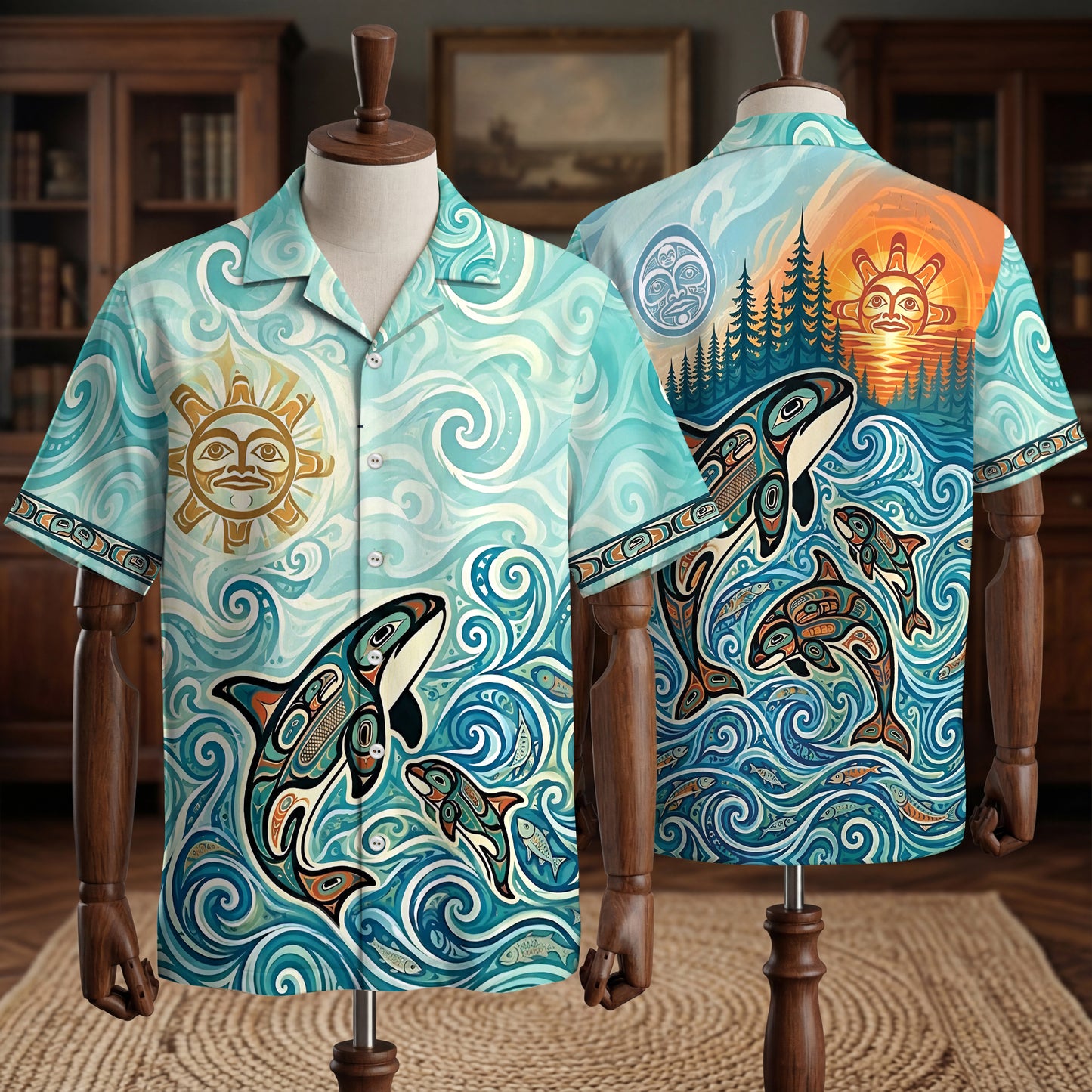 Native Orca Haida Pattern Hawaiian Shirt for Adults & Kids