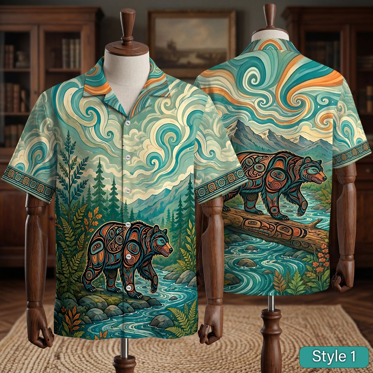Native Bear Haida Pattern Hawaiian Shirt for Adults & Kids