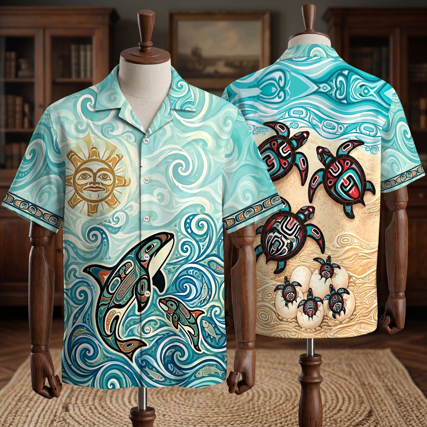 Native Orca & Turtle Haida Pattern Hawaiian Shirt for Adults & Kids