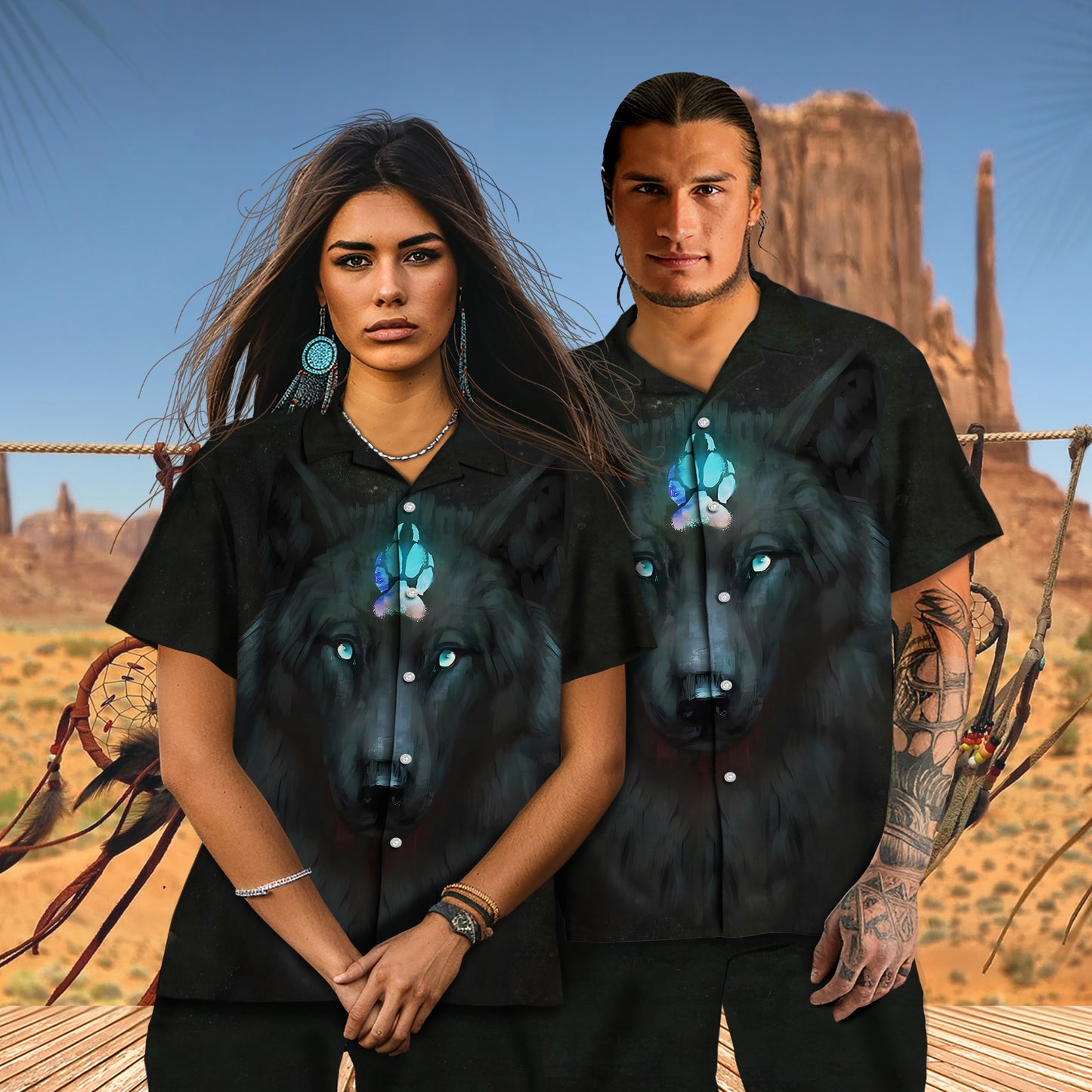 Native Wolf Pattern Hawaiian Shirt New - 86060