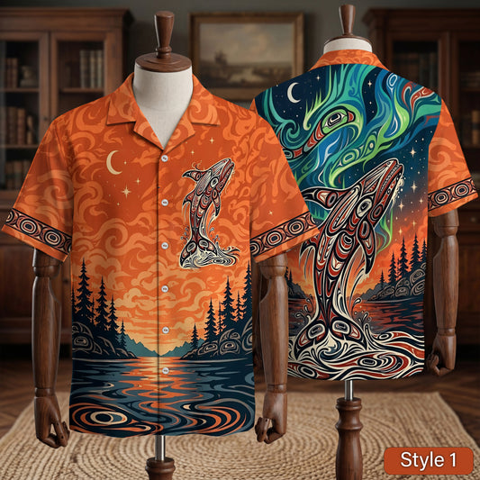 Native Orca Haida Pattern Hawaiian Shirt for Adults & Kids