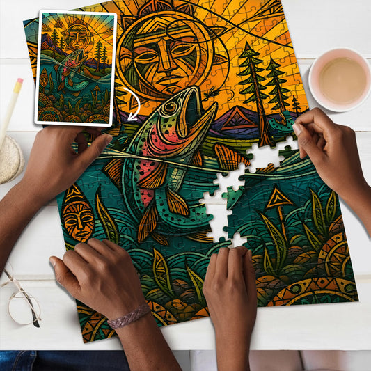 Salmon Fishing - A Journey Through Time with the River's Flow – Wooden Jigsaw Puzzle (300 / 500 / 1000 Pieces)