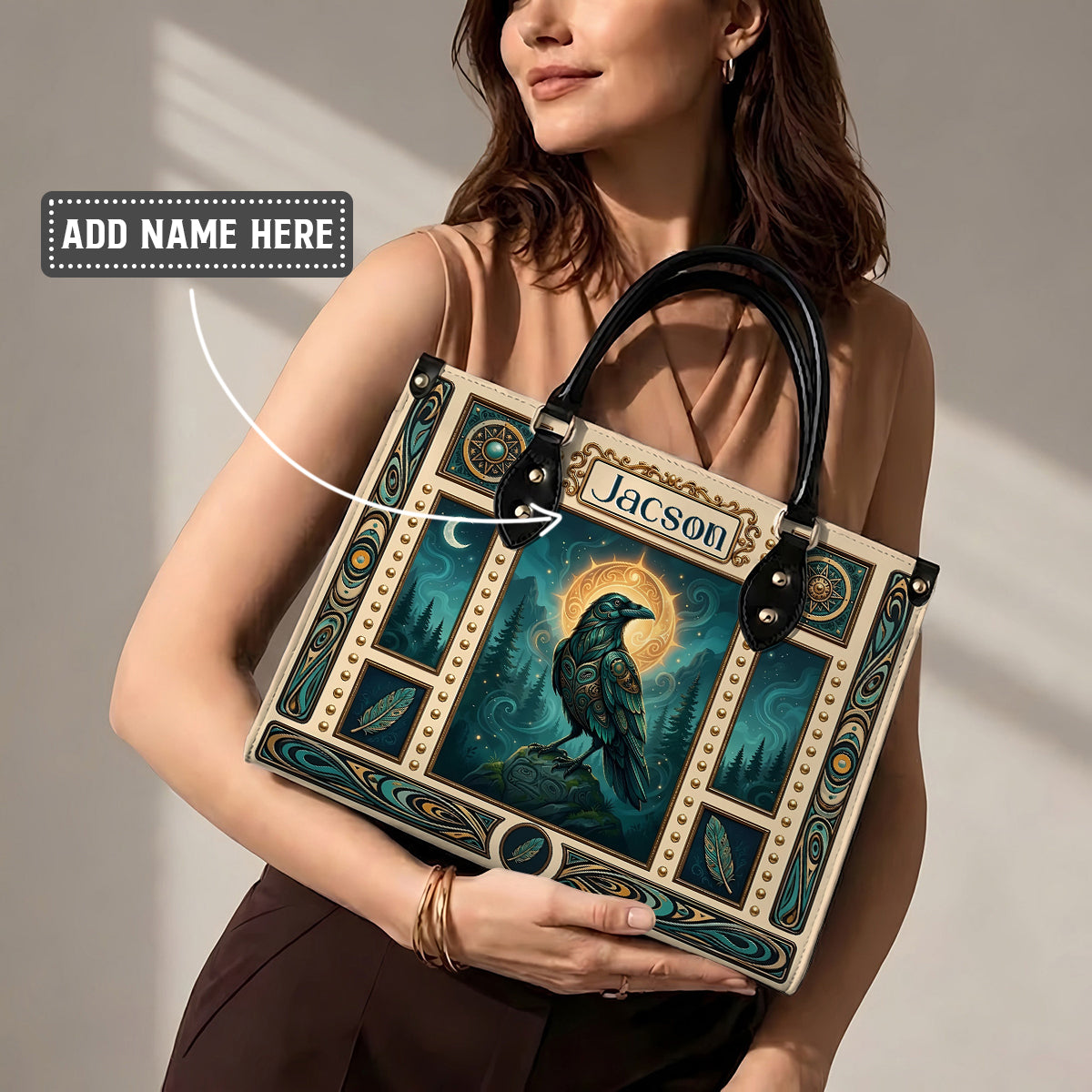 Native Raven Pattern Leather Bag