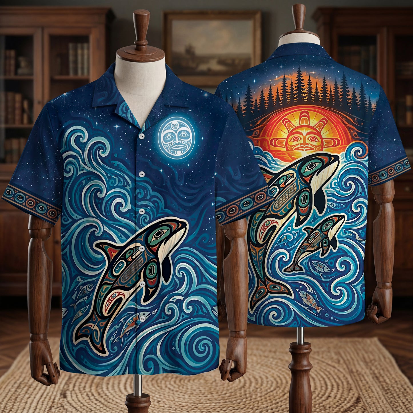 Native Orca Haida Pattern Hawaiian Shirt for Adults & Kids