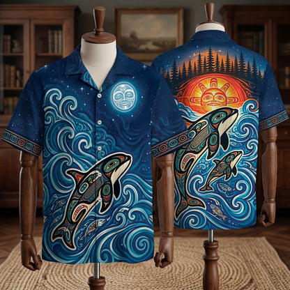Native Orca Haida Pattern Hawaiian Shirt for Adults & Kids