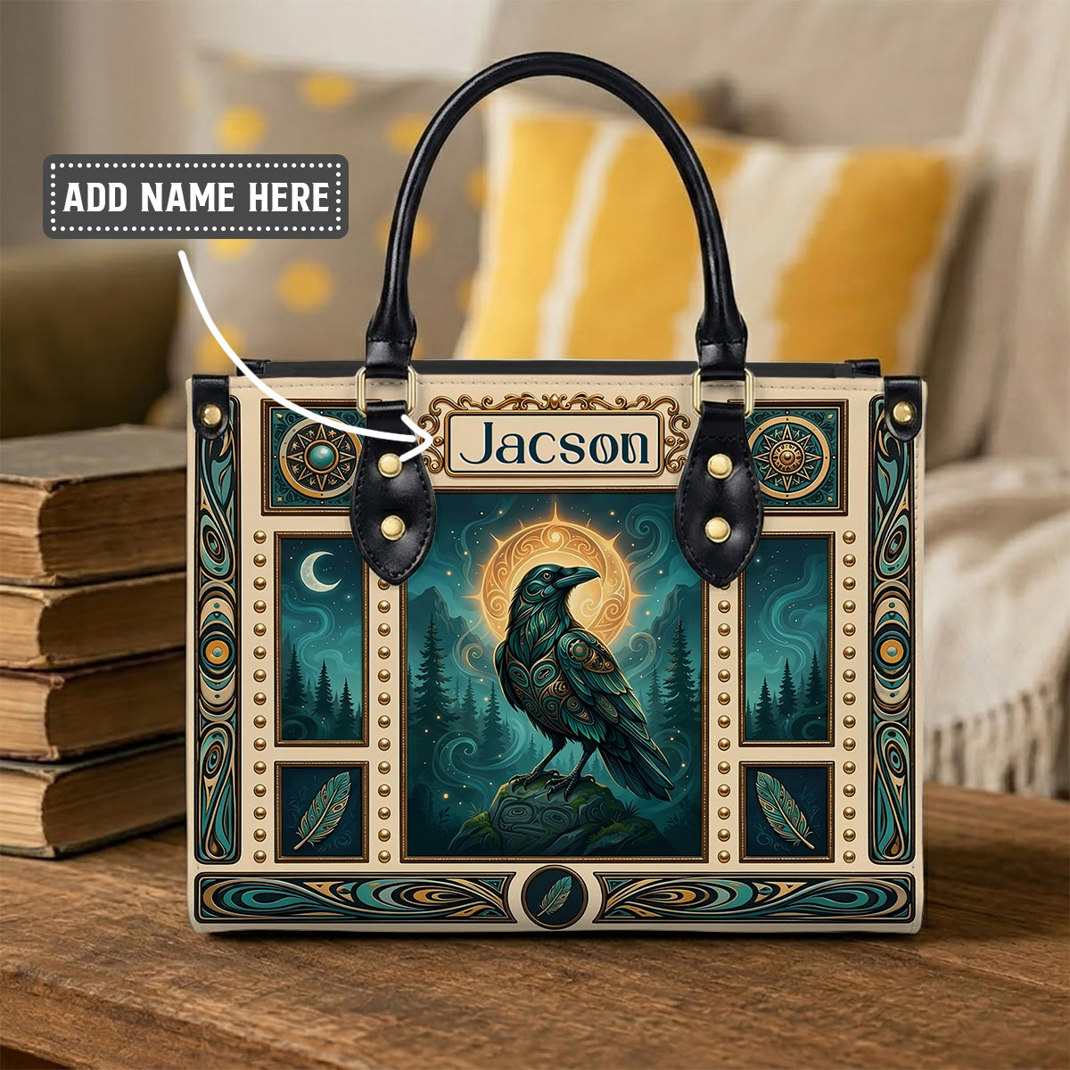 Native Raven Pattern Leather Bag