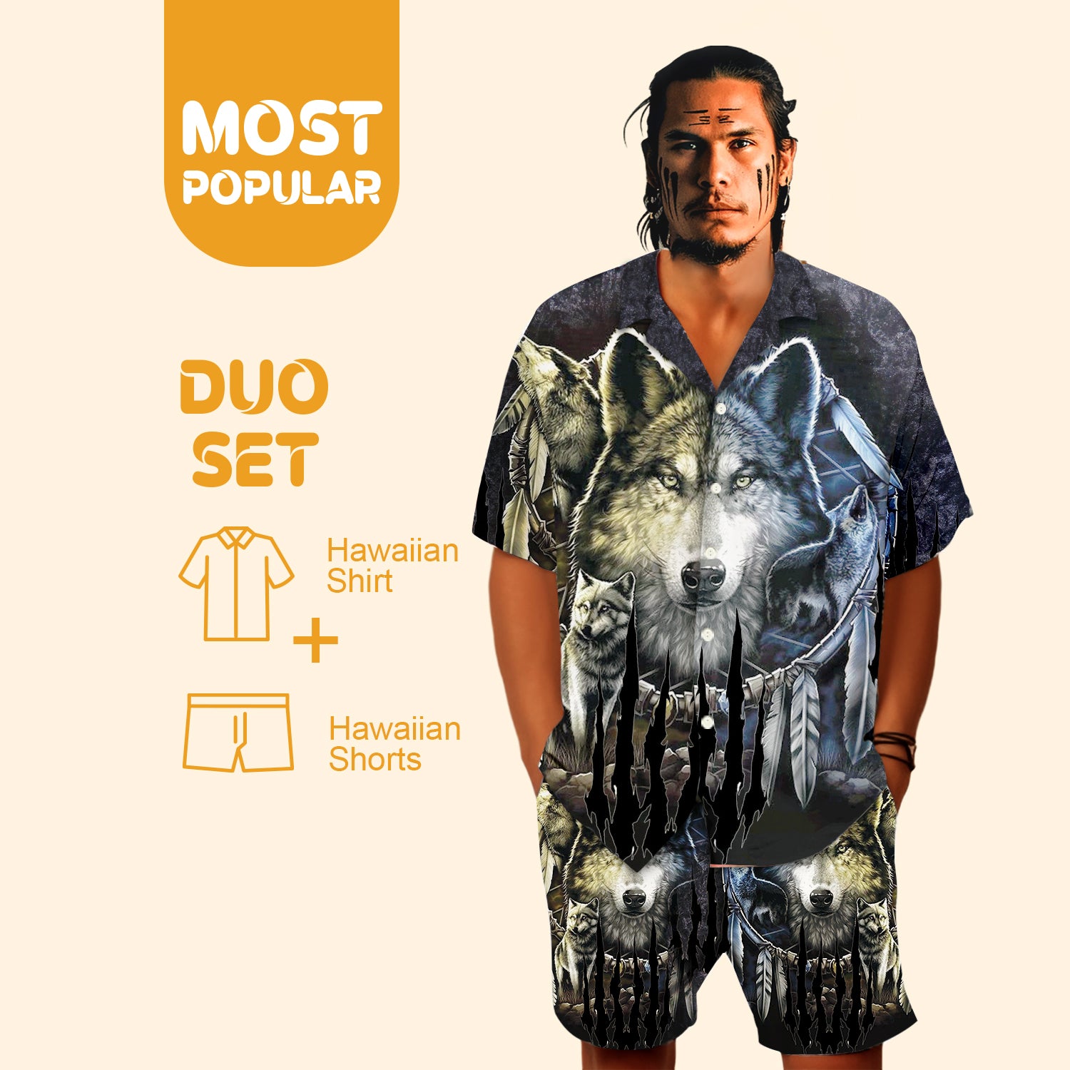 Native Wolf Pattern Hawaiian Shirt New - 86003