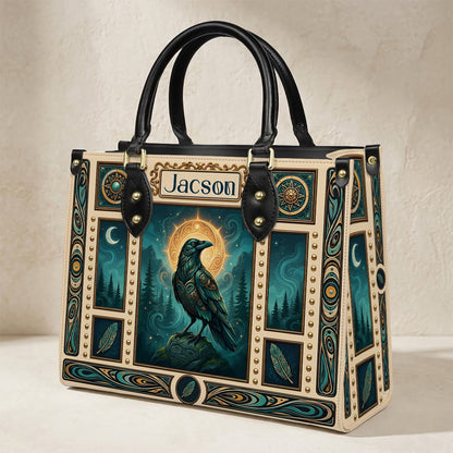 Native Raven Pattern Leather Bag