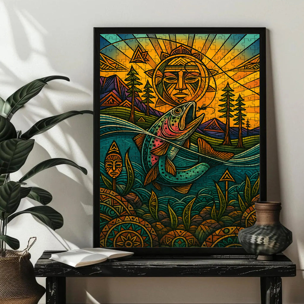 Salmon Fishing - A Journey Through Time with the River's Flow – Wooden Jigsaw Puzzle (300 / 500 / 1000 Pieces)