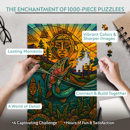 Salmon Fishing - A Journey Through Time with the River's Flow – Wooden Jigsaw Puzzle (300 / 500 / 1000 Pieces)