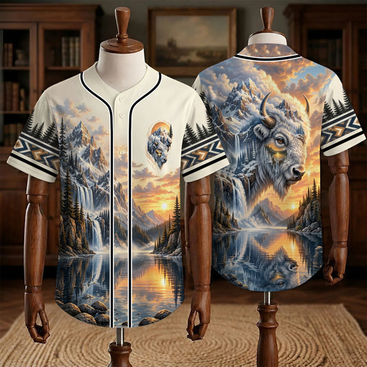 White Buffalo Spirit & Mountain Sunset Baseball Jersey Unisex Shirt