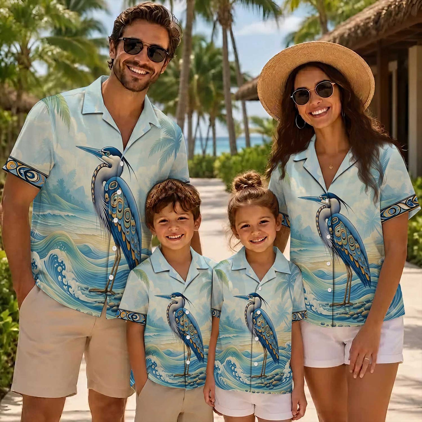 Native Heron Haida Pattern Hawaiian Shirt for Adults & Kids