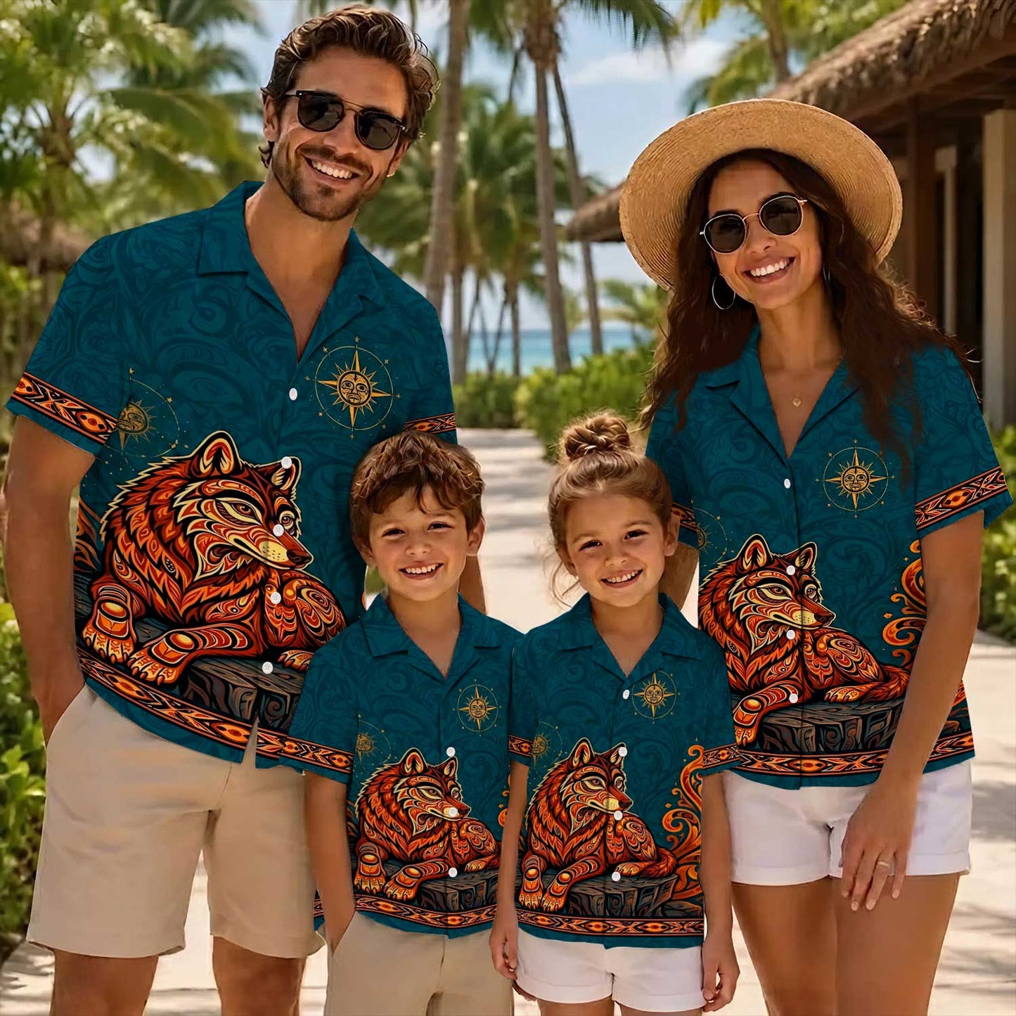 Native Wolf Haida Pattern Hawaiian Shirt for Adults & Kids