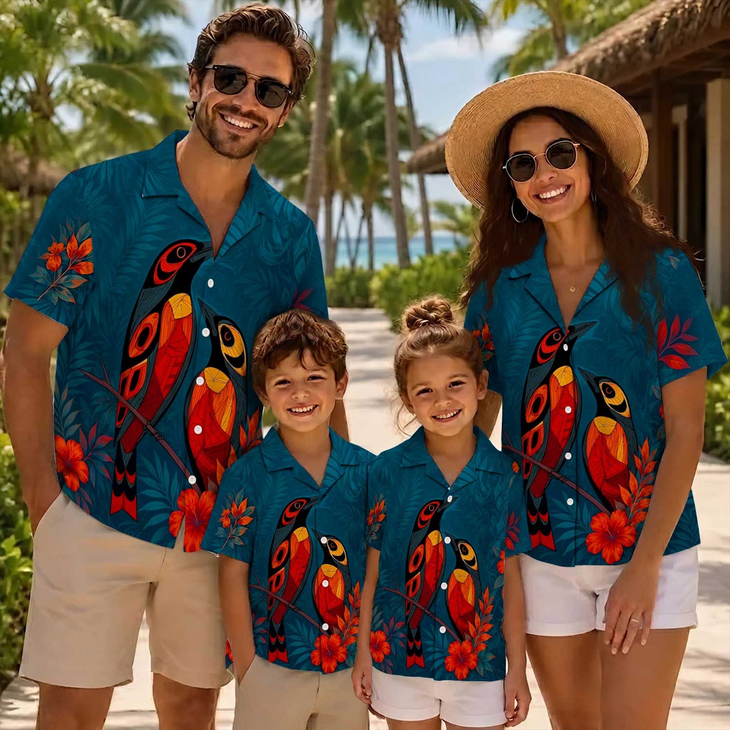 Native Bird Haida Pattern Hawaiian Shirt for Adults & Kids