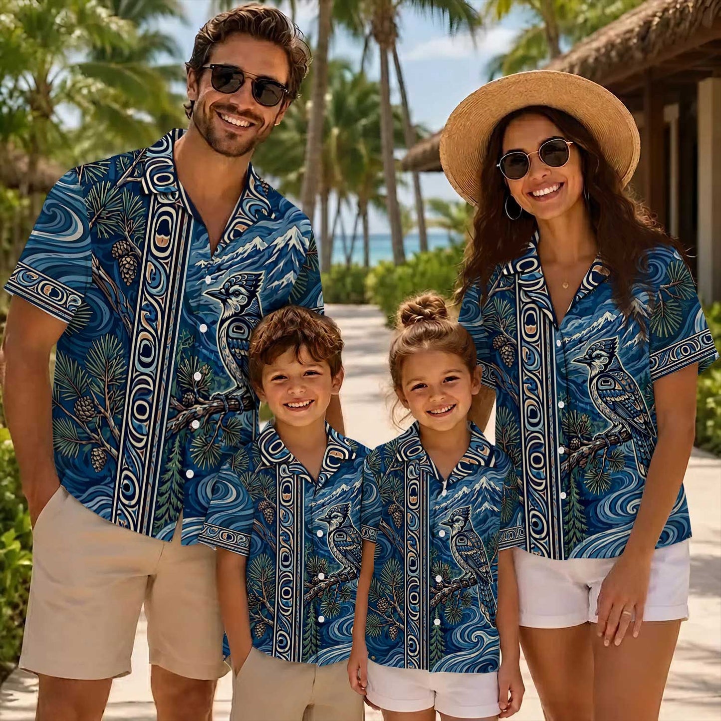 Native Bird Haida Pattern Hawaiian Shirt for Adults & Kids