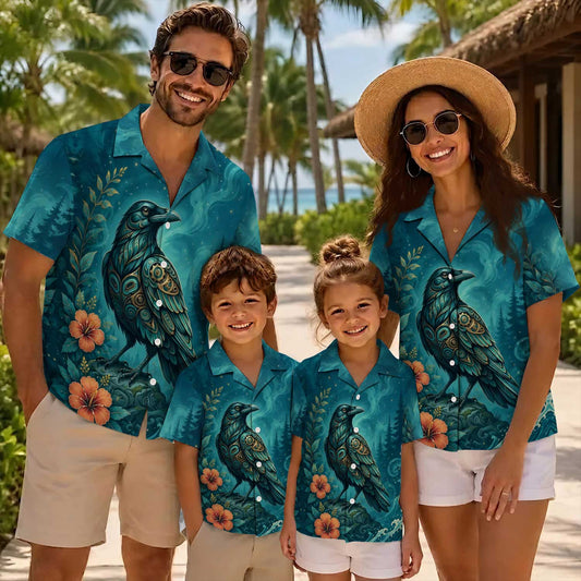 Native Raven Haida Pattern Hawaiian Shirt for Adults & Kids