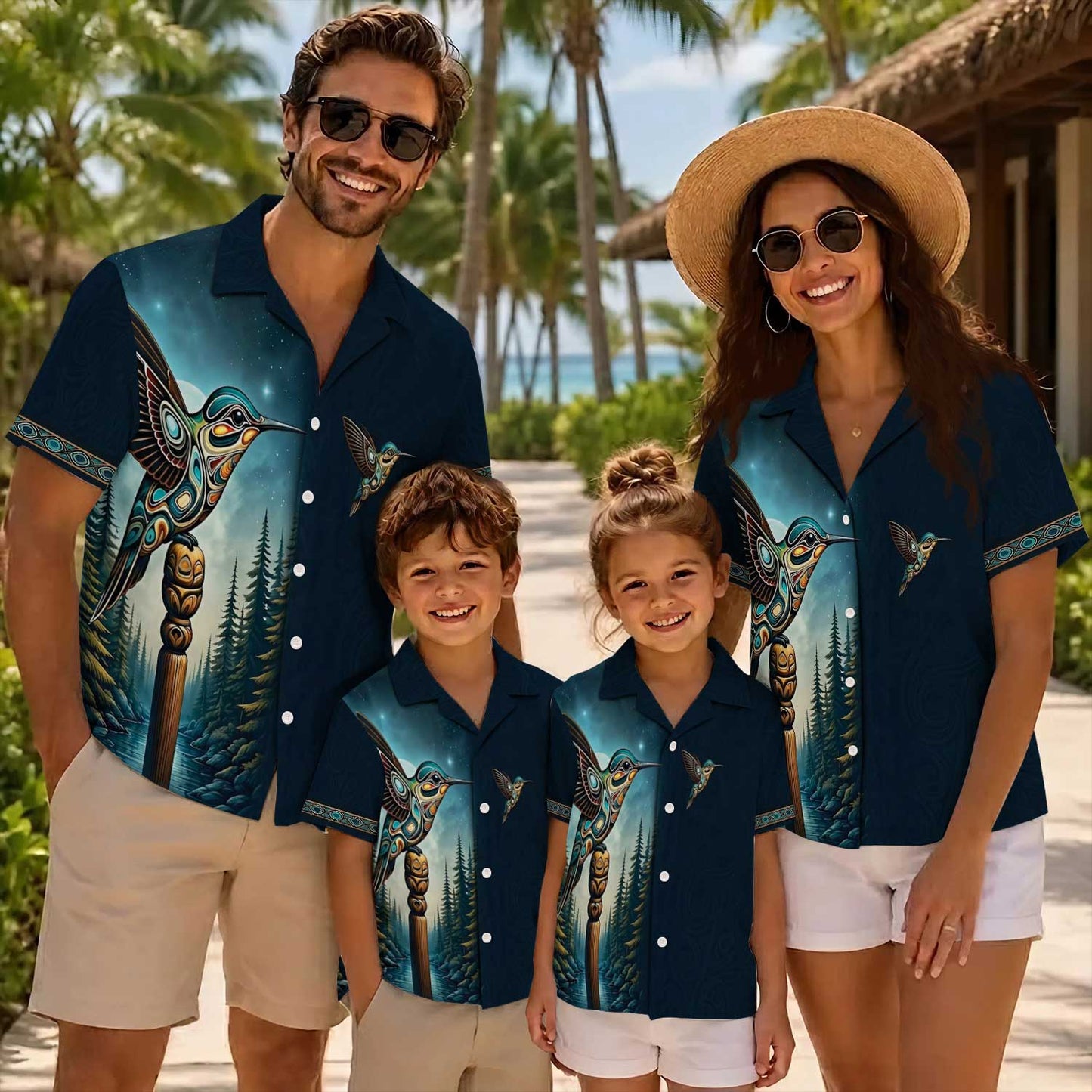 Native Hummingbird Haida Pattern Hawaiian Shirt for Adults & Kids