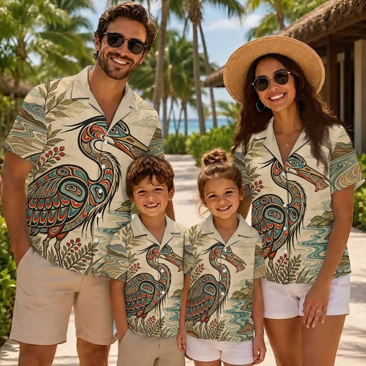 Native Heron Haida Pattern Hawaiian Shirt for Adults & Kids