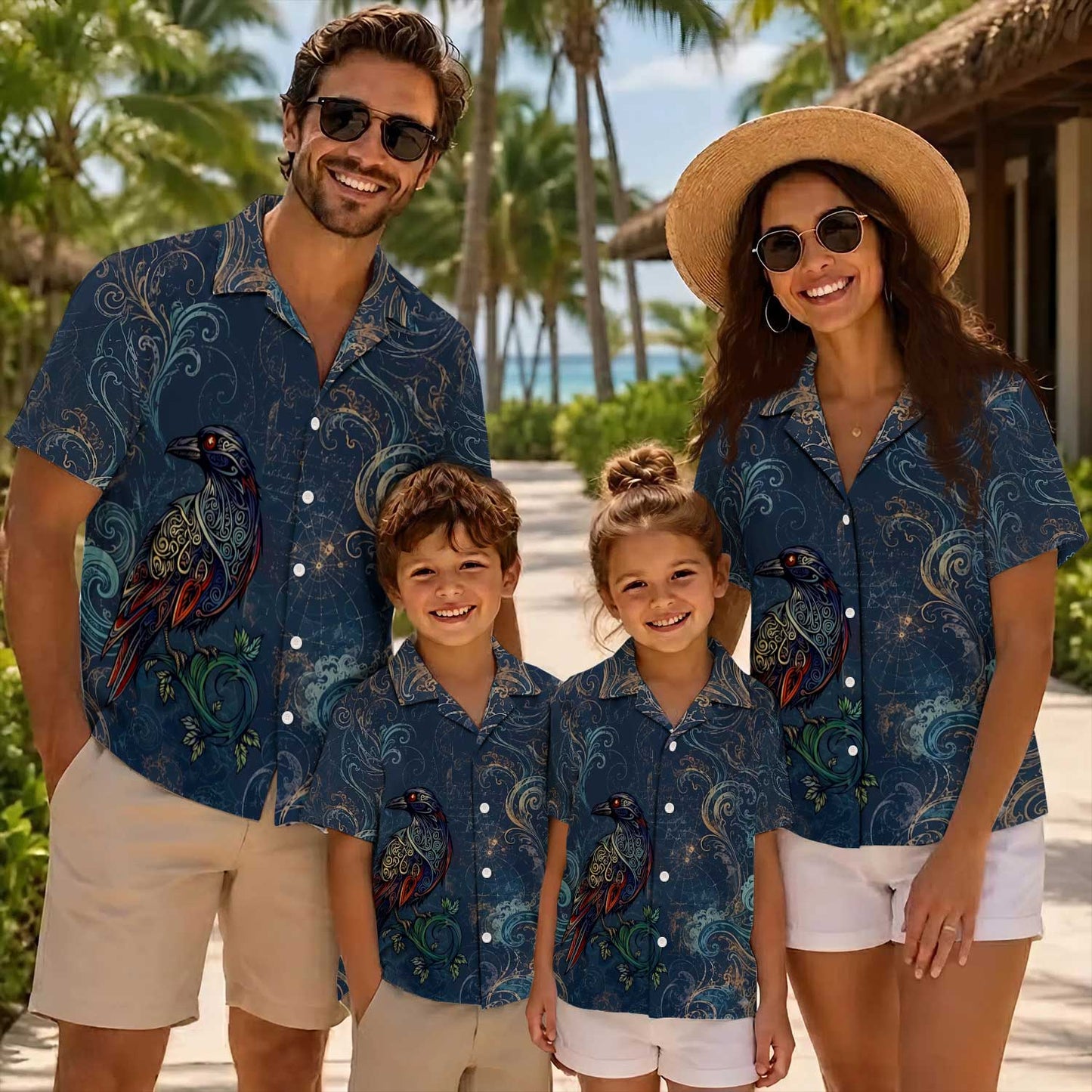 Native Raven Haida Pattern Hawaiian Shirt for Adults & Kids