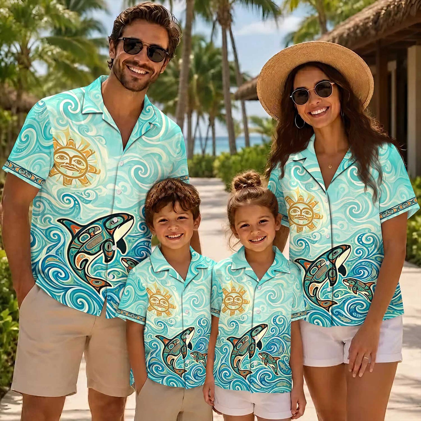 Native Orca Haida Pattern Hawaiian Shirt for Adults & Kids