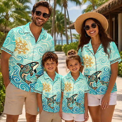 Native Orca Haida Pattern Hawaiian Shirt for Adults & Kids