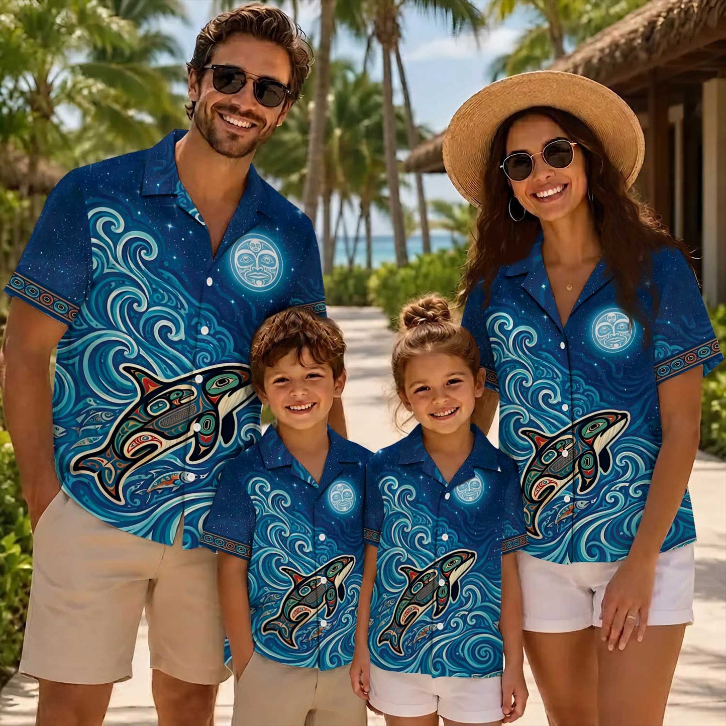 Native Orca Haida Pattern Hawaiian Shirt for Adults & Kids