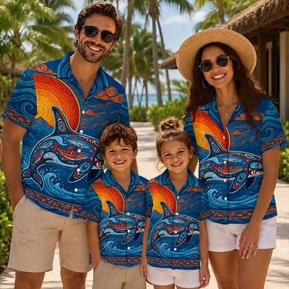Native Orca Haida Pattern Hawaiian Shirt for Adults & Kids