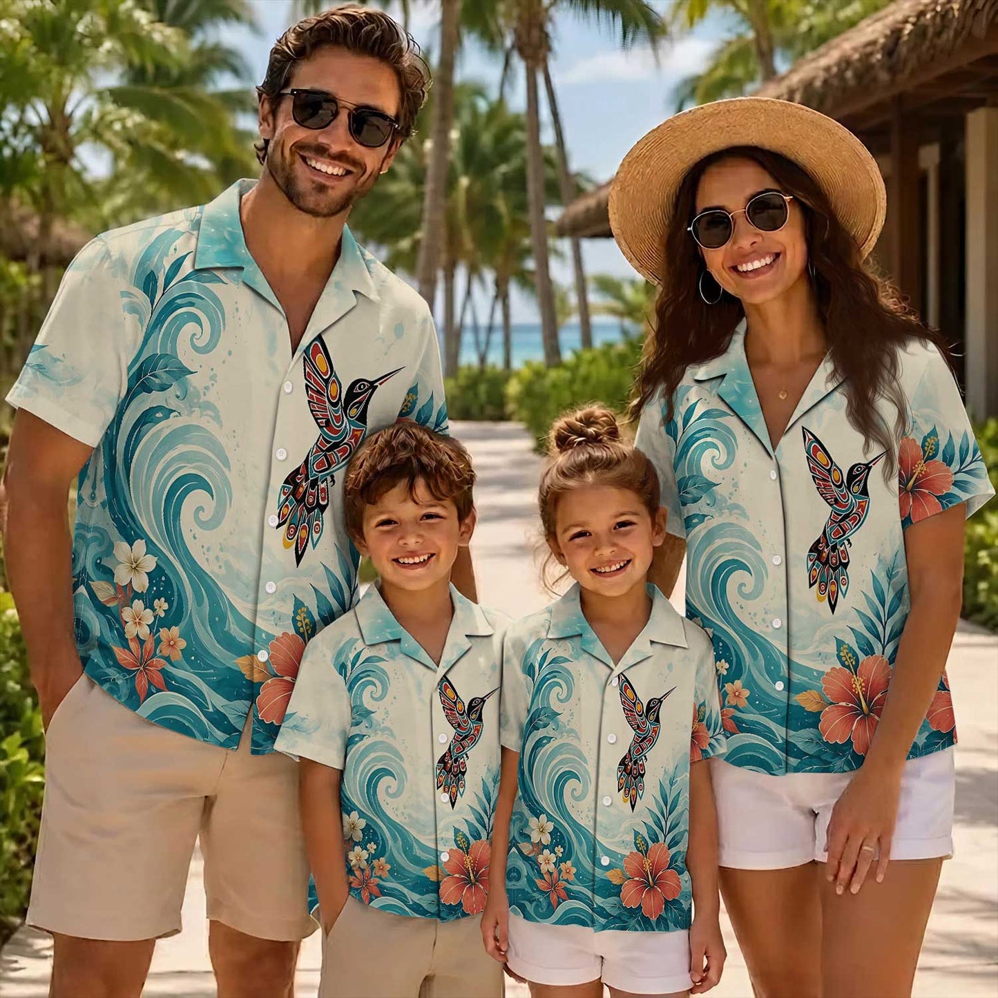 Native Hummingbird Haida Pattern Hawaiian Shirt for Adults & Kids