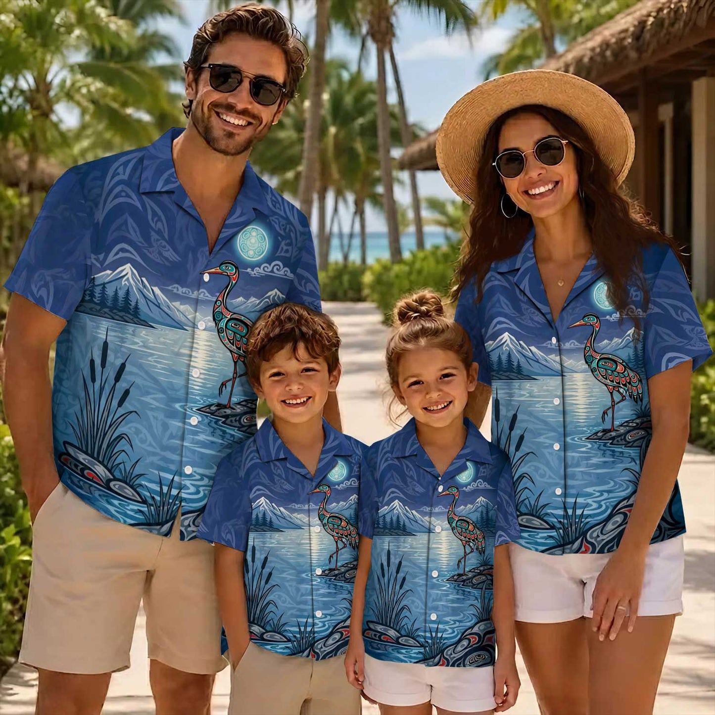 Native Heron Haida Pattern Hawaiian Shirt for Adults & Kids