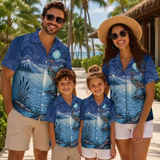 Native Heron Haida Pattern Hawaiian Shirt for Adults & Kids
