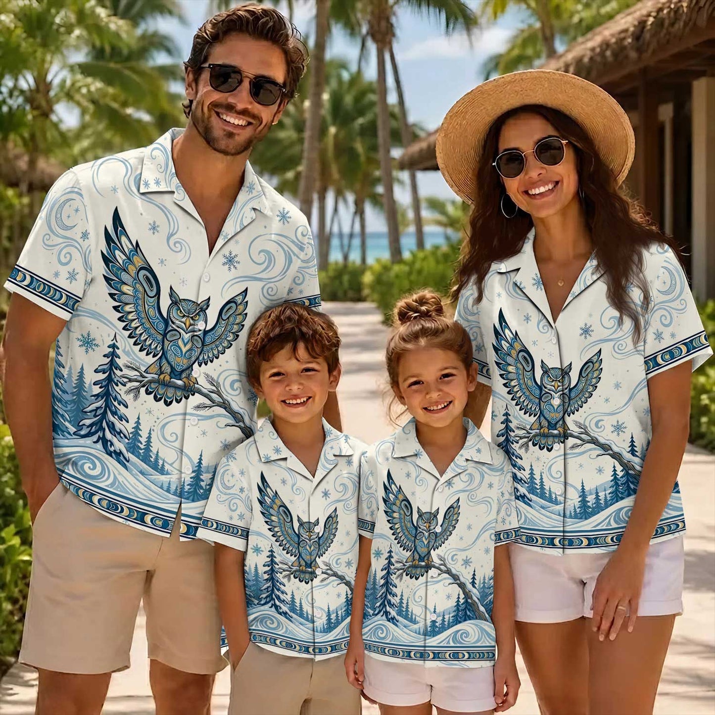 Native Owl Haida Pattern Hawaiian Shirt for Adults & Kids