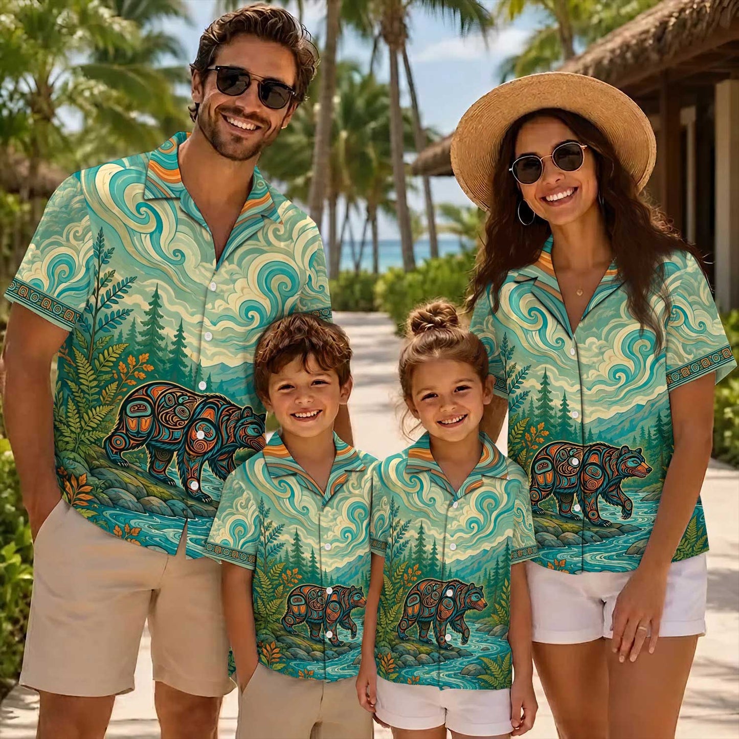 Native Bear Haida Pattern Hawaiian Shirt for Adults & Kids