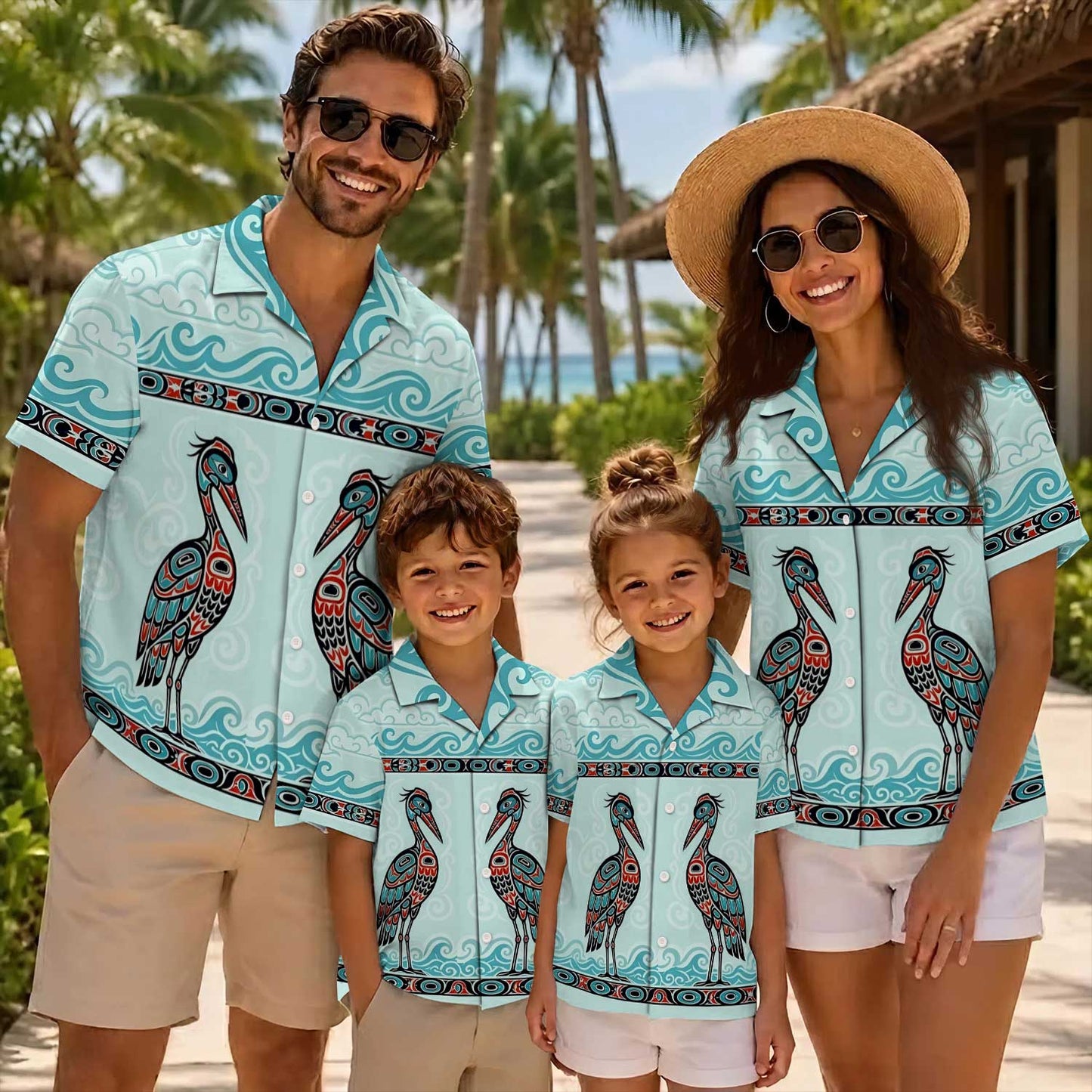 Native Heron Haida Pattern Hawaiian Shirt for Adults & Kids