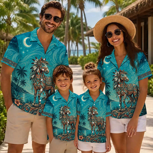 Native Horse Haida Pattern Hawaiian Shirt for Adults & Kids